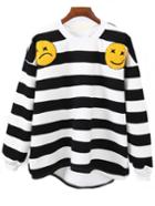 Romwe High Low Dropped Shoulder Seam Striped Smiling Face Embroidered White Sweatshirt