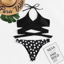 Romwe Criss-cross Halter Top With Polka Dot Bikini