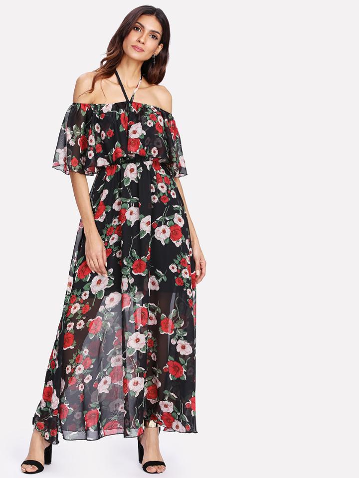 Romwe Ruffle Embellished Floral Halter Dress