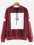 Romwe Burgundy Letter Print Drawstring Hooded Sweatshirt With Zip Side