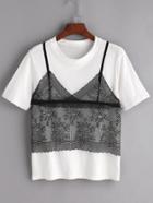 Romwe White Contrast Lace Cami Front 2 In 1 T-shirt