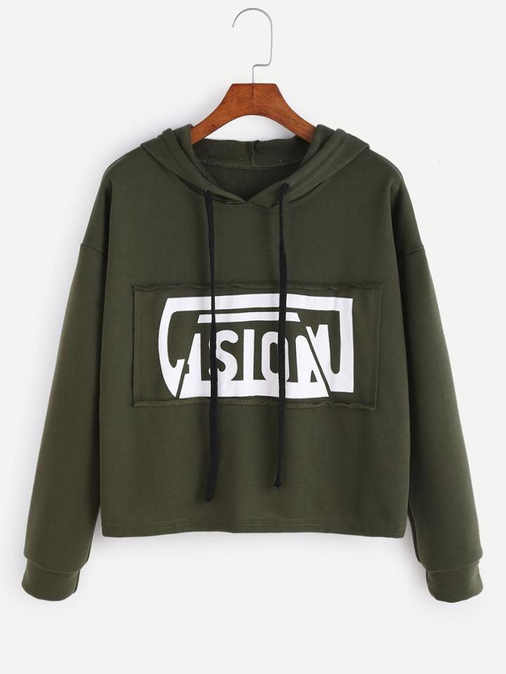Romwe Army Green Letter Print Drawstring Hooded Sweatshirt