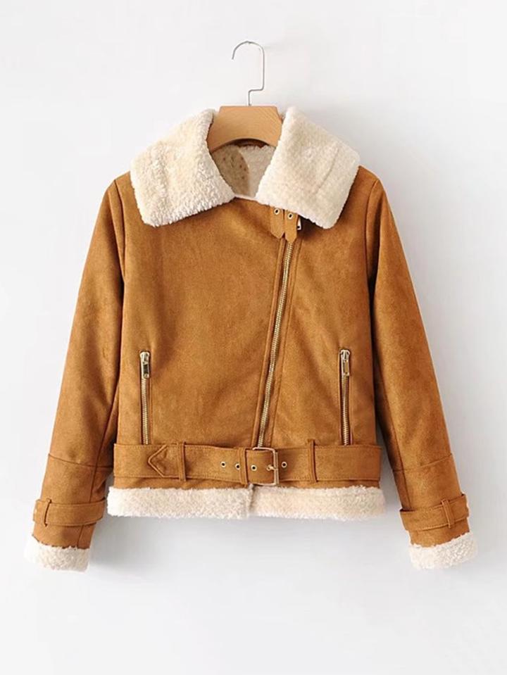 Romwe Contrast Faux Fur Suede Jacket With Belt
