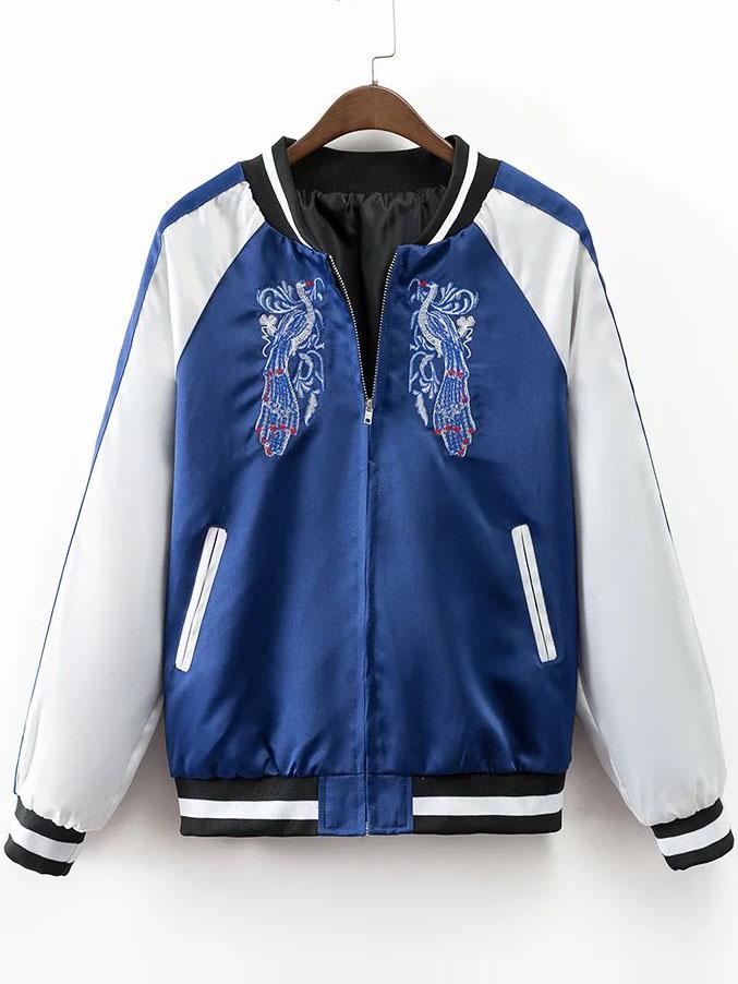Romwe Blue Peacock Embroidery Raglan Sleeve Bomber Jacket
