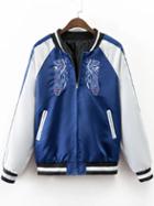 Romwe Blue Peacock Embroidery Raglan Sleeve Bomber Jacket
