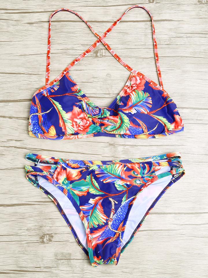 Romwe Blue Floral Print Cross Back Bikini Set