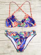 Romwe Blue Floral Print Cross Back Bikini Set