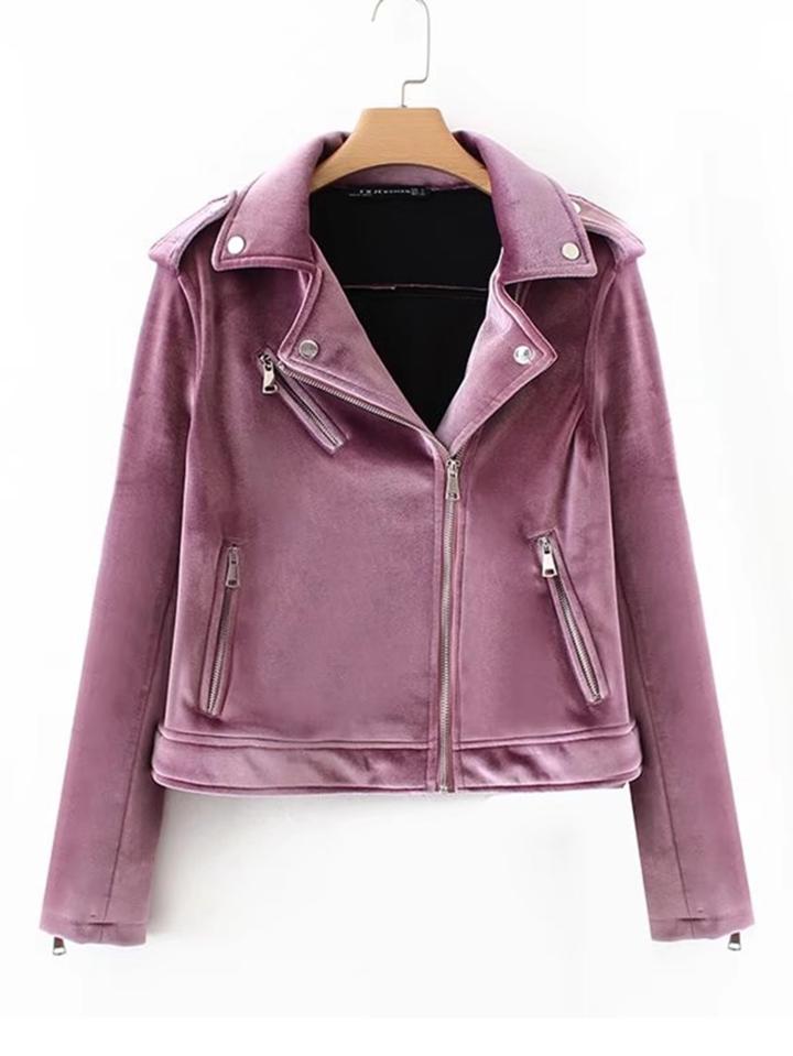 Romwe Oblique Zipper Velvet Jacket