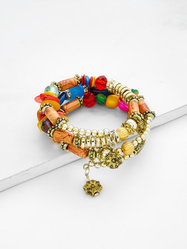 Romwe Charm Detail Beaded Layered Bracelet