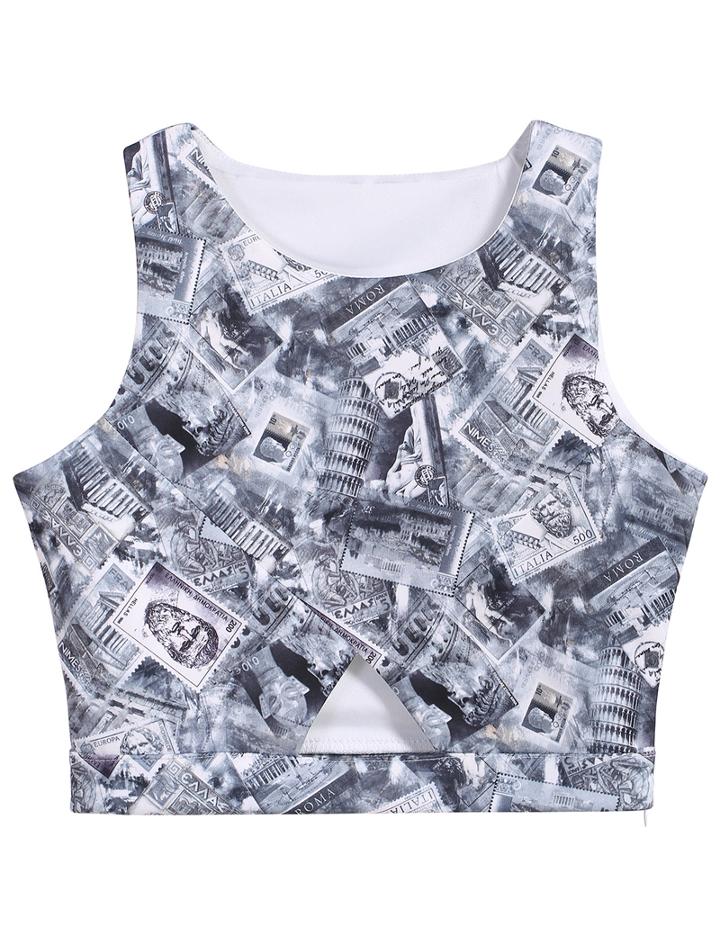 Romwe Sleeveless Stamp Print Crop Black Tank Top