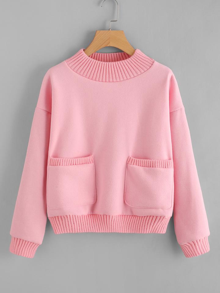 Romwe Rib Knitted Trim Dual Pocket Pullover