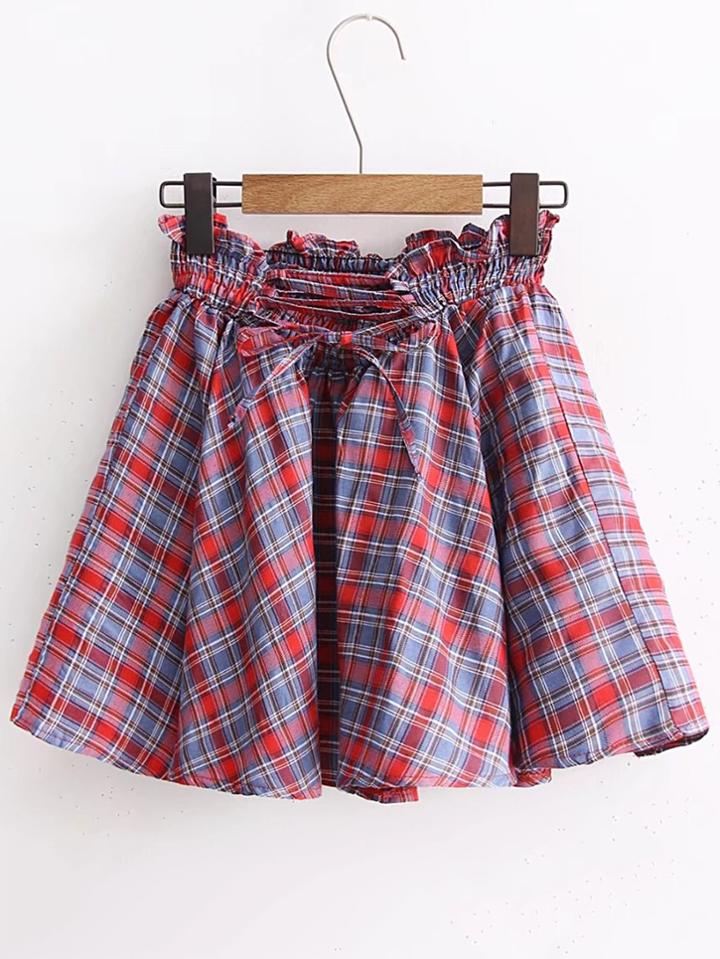 Romwe Lace Up Waist Plaid Skirt