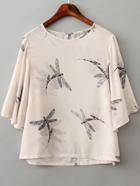 Romwe Beige Dragonfly Print Half Sleeve Blouse