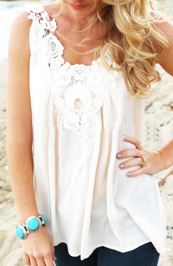 Romwe Lace Crochet Hollow Chiffon Tank Top