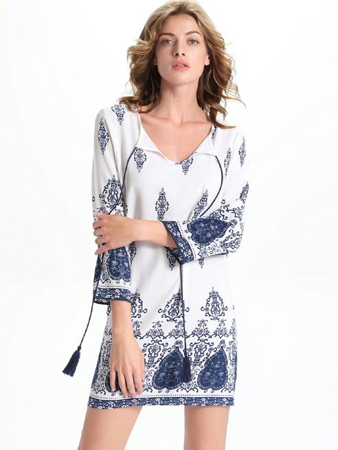 Romwe White Tribal Print Lace Up Fringe Tunic Dress