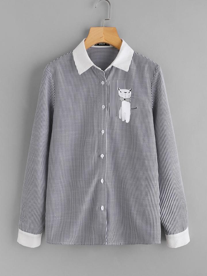 Romwe Cat Print Fold Pleat Back Pinstripe Shirt