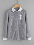 Romwe Cat Print Fold Pleat Back Pinstripe Shirt