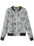 Romwe Blue And White Porcelain Printed Baseball Jacket