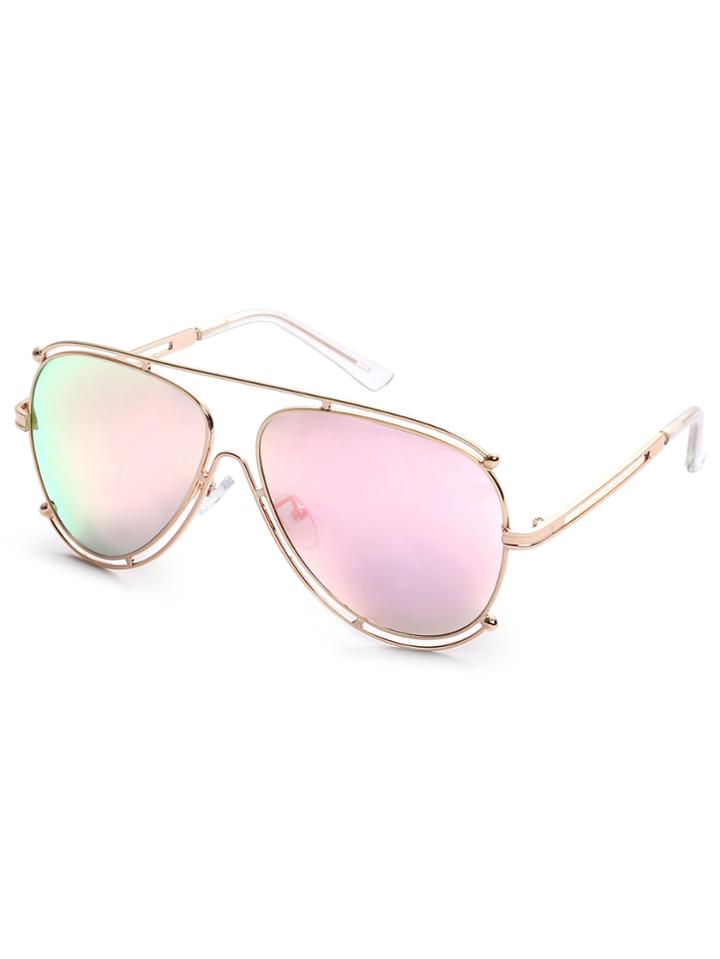 Romwe Gold Metal Frame Pink Lens Aviator Sunglasses