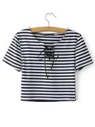 Romwe Navy Striped Lace Up Crop T-shirt