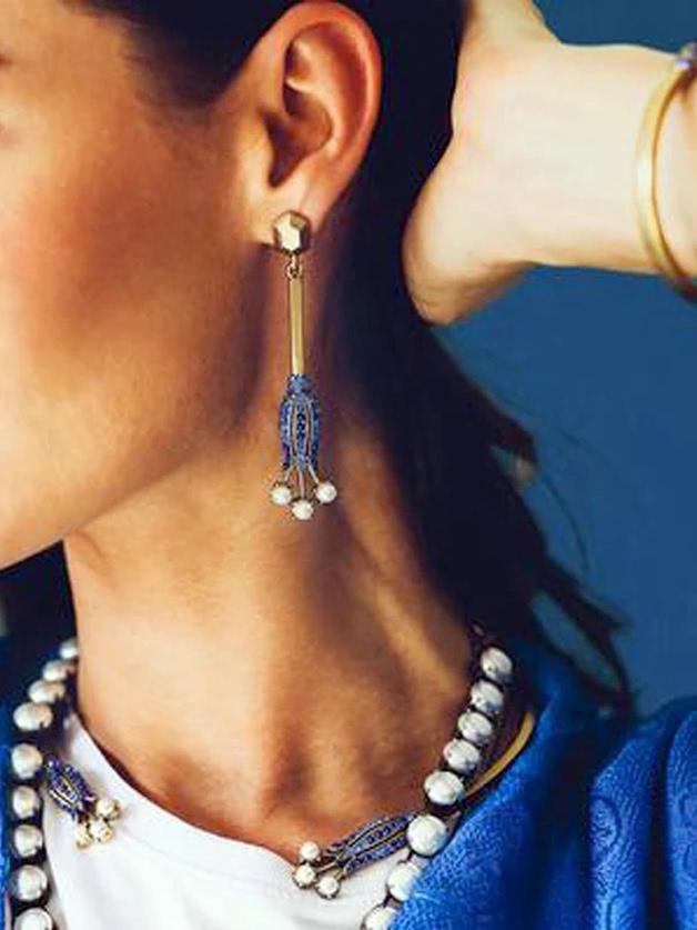 Romwe Blue Rhinestone Geometric Long Party Earrings