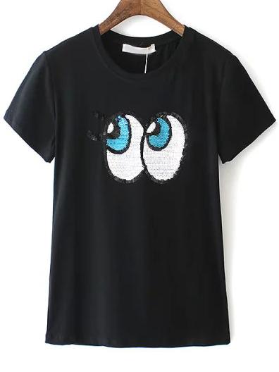 Romwe Black Short Sleeve Sequined Eye Pattern T-shirt