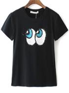 Romwe Black Short Sleeve Sequined Eye Pattern T-shirt