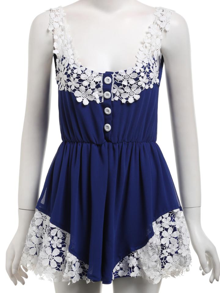Romwe Crochet Inset Buttoned Front Romper