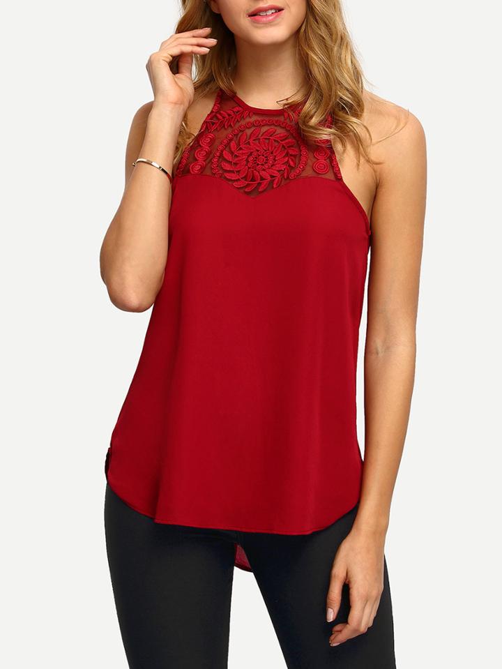 Romwe Maroon Spaghetti Strap Lace Chiffon Cami Top