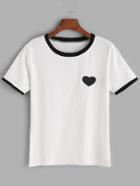 Romwe Contrast Trim Heart Embroidered T-shirt