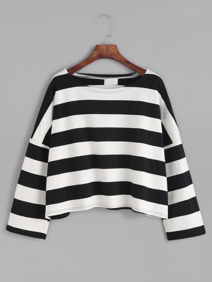 Romwe Wide Striped Dropped Shoulder Seam Crop T-shirt