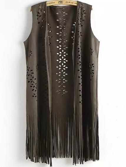 Romwe Hollow Tassel Suede Brown Vest
