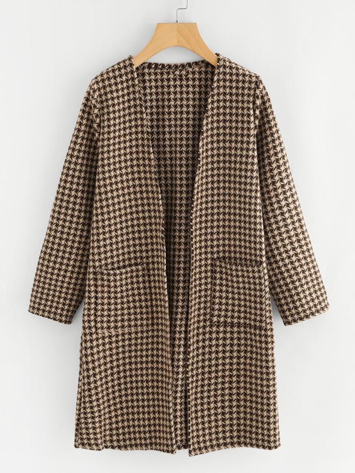 Romwe Dual Pocket Houndstooth Cardigan Coat