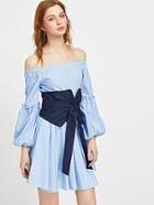 Romwe Off Shoulder Bishop Sleeve Dress With Obi Belt