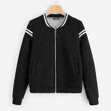 Romwe Striped Panel Zip Up Quilted Jacket