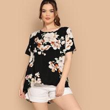 Romwe Plus Asymmetrical Hem Floral Top