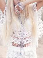 Romwe White Hollow Tassel Loose Top
