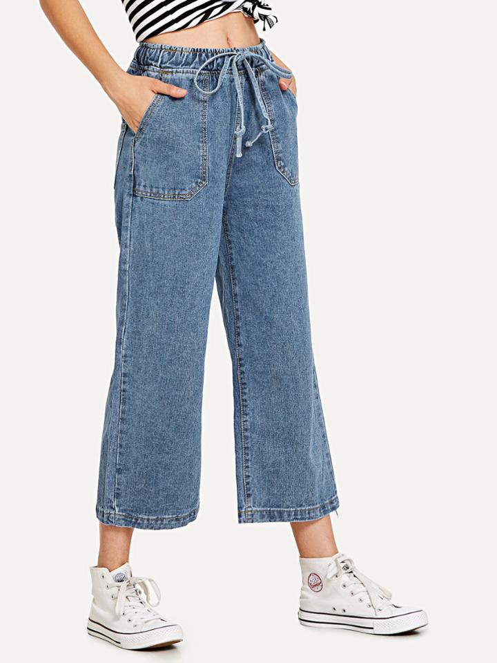 Romwe Drawstring Waist Wide Leg Jeans