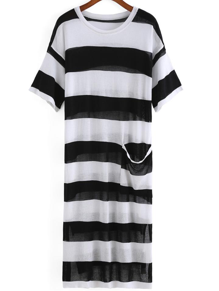 Romwe With Pocket Striped Black Dress