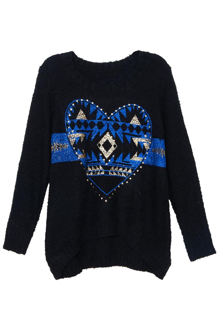 Romwe Rivets Embellished Heart-shaped Print Black Knitted Jumper