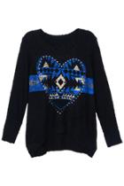 Romwe Rivets Embellished Heart-shaped Print Black Knitted Jumper