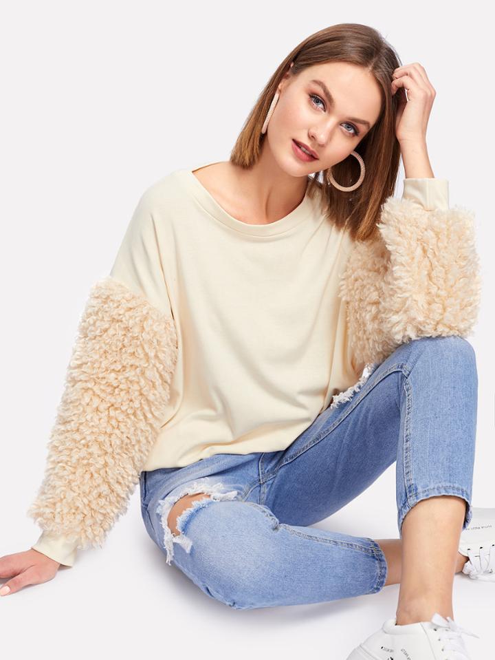 Romwe Faux Fur Sleeve Ribbed Knit Sweatshirt