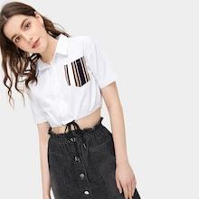 Romwe Contrast Striped Pocket Drawstring Hem Crop Blouse
