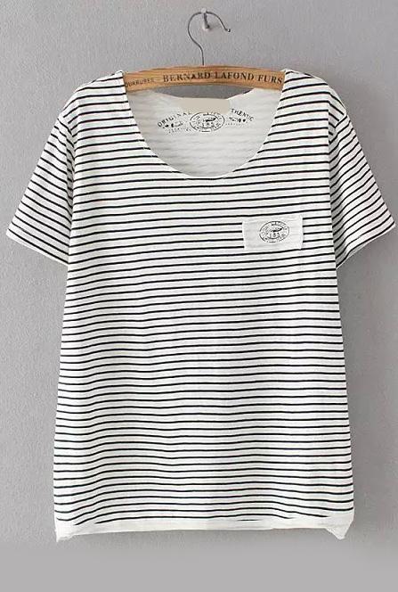 Romwe With Pocket Striped Lace Hem T-shirt