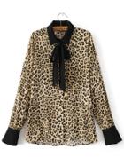 Romwe Leopard Print Contrast Trim Blouse With Bow Tie