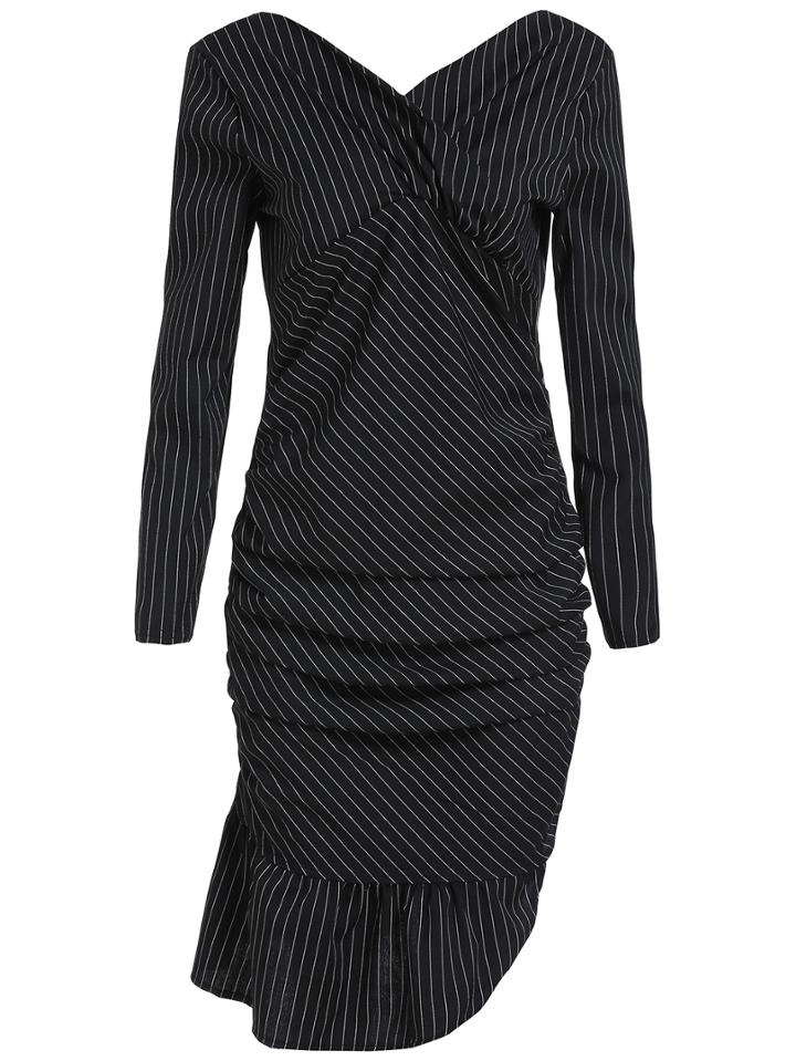 Romwe V Neck Striped Ruched Asymmetrical Dress