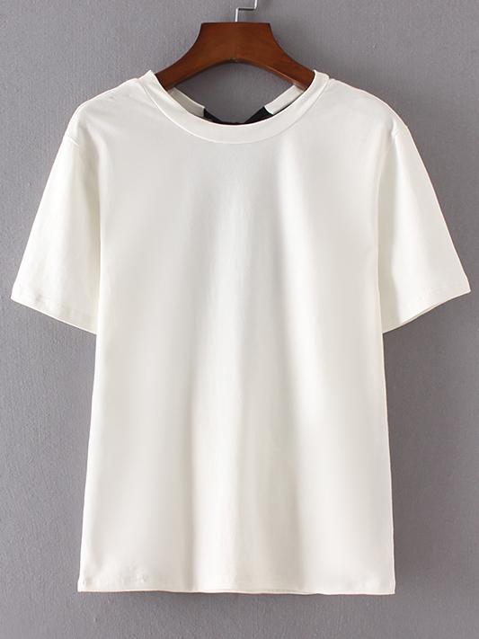 Romwe White Lace Up Open Back T-shirt