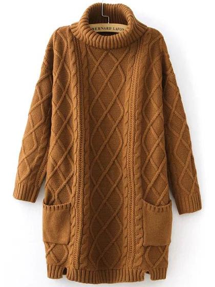 Romwe Khaki High Neck Diamond Patterned Pockets Sweater
