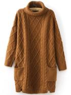 Romwe Khaki High Neck Diamond Patterned Pockets Sweater