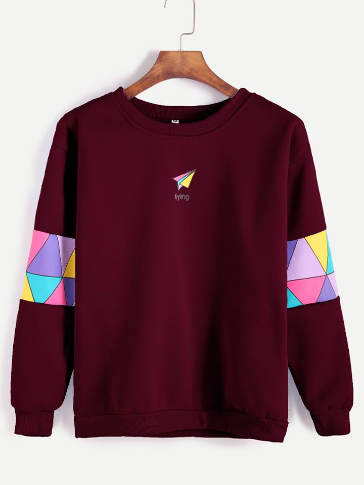Romwe Paper Airplane Print Patchwork Trim Sweatshirt